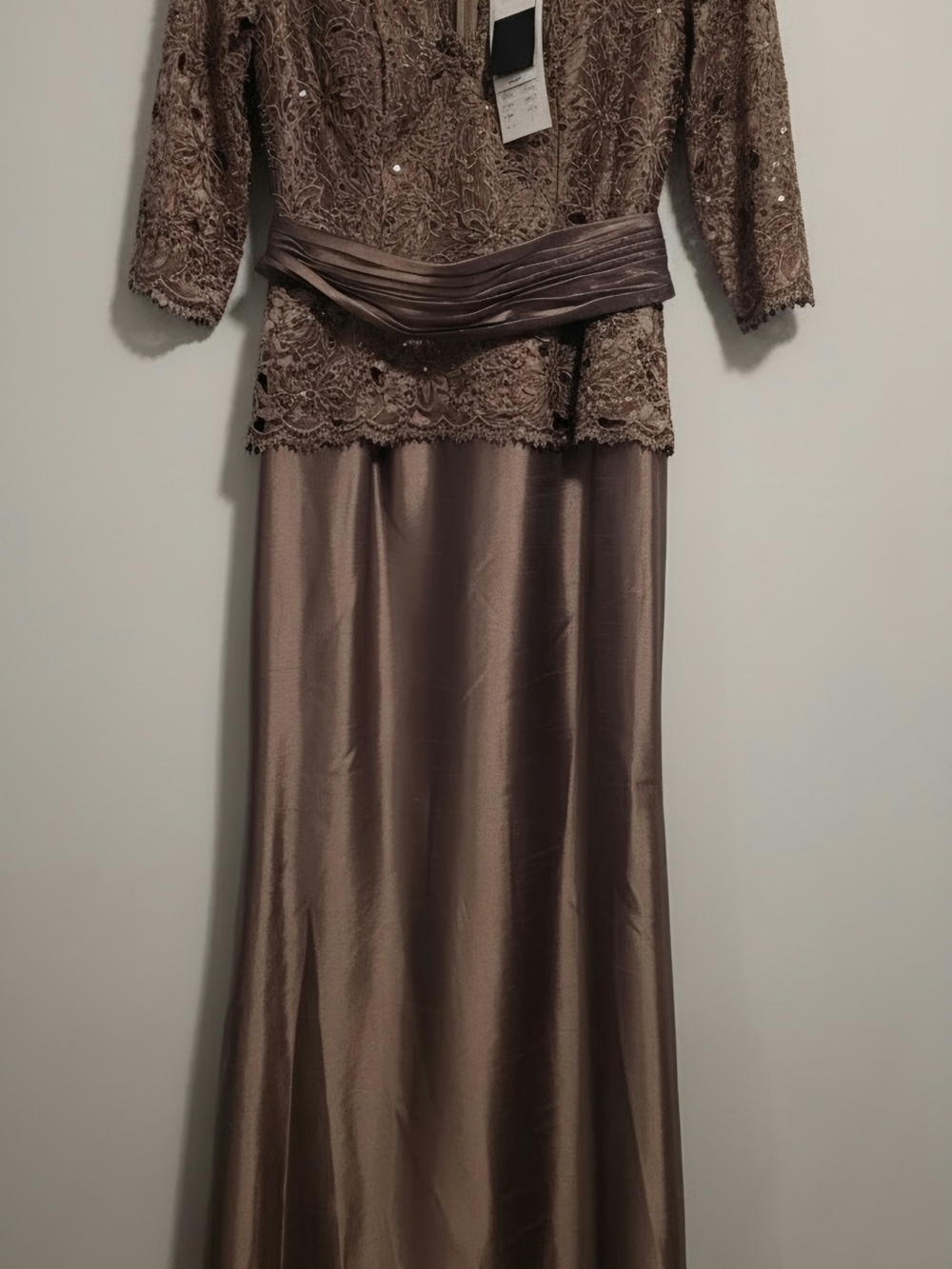 Alyce Paris Taupe Lace & Satin Long Sleeve Gown
